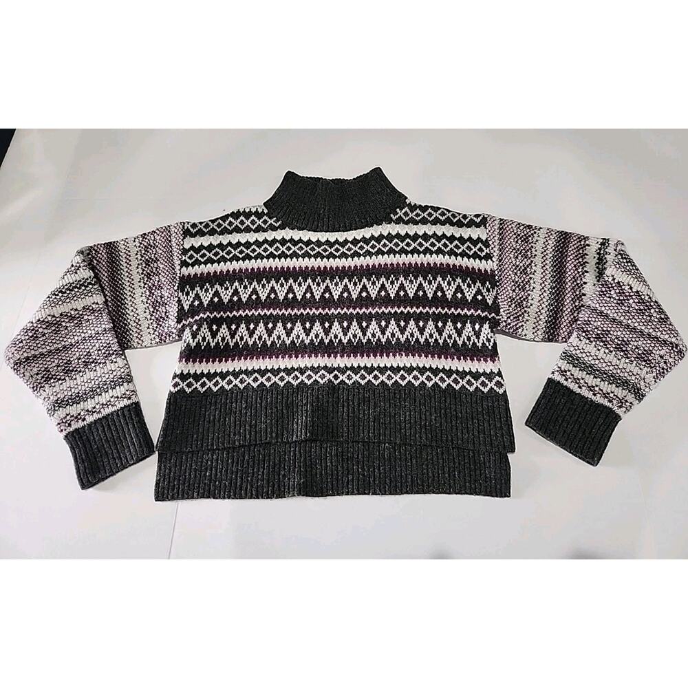 Cleo + Wolf Fair Isle Sweater Womens Small Cropped Gray Purple White Wool Blend